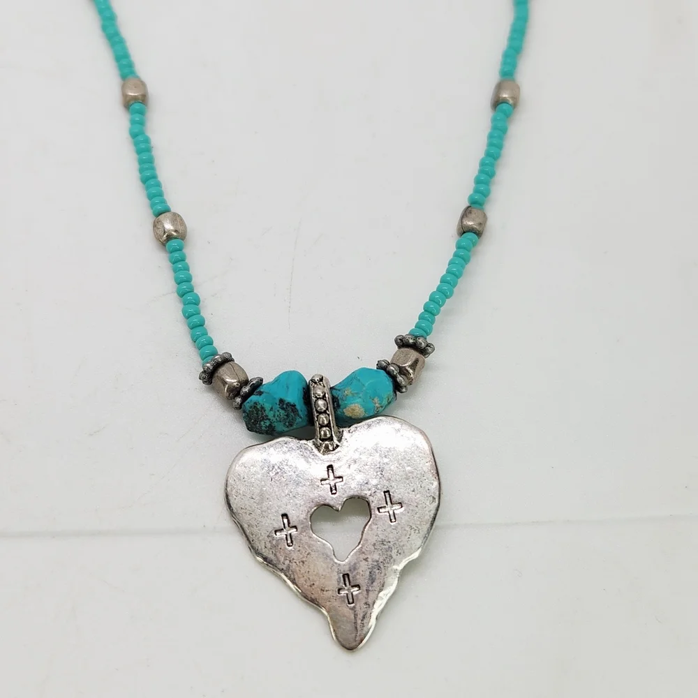 Vintage C Stein Heart W Stamped Cross Pendant Turquoise Bead Necklace Southwest - Picture 1 of 6